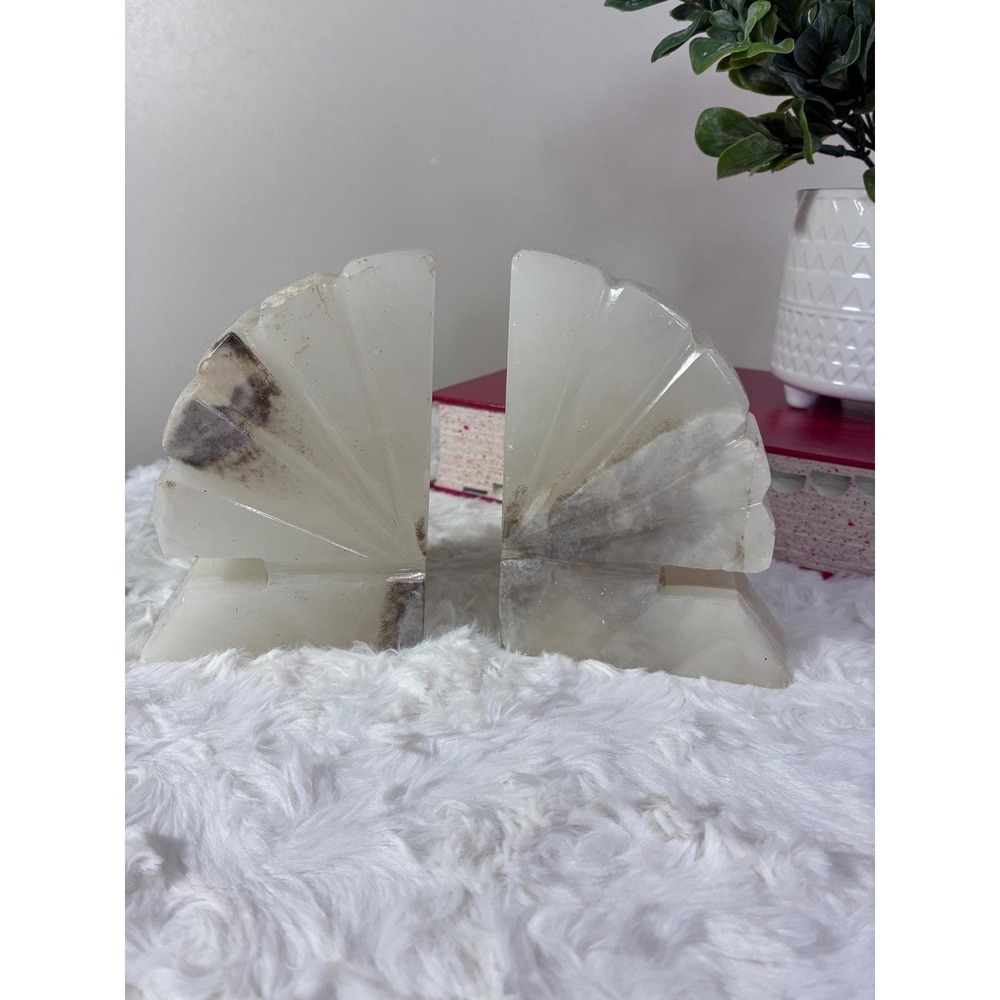 Vintage Art Deco Onyx Stone Bookends Carved Seashell White Cream Natural Rock